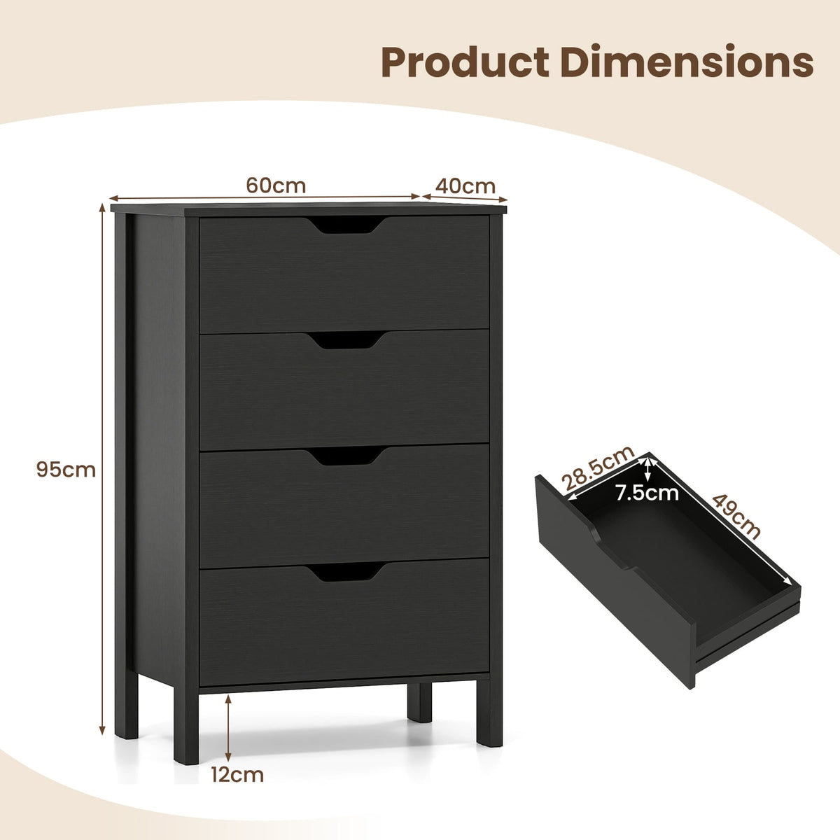 4-Drawer Wooden Tall Utility Storage Dresser with Anti-Toppling Kits for Bedroom-Black