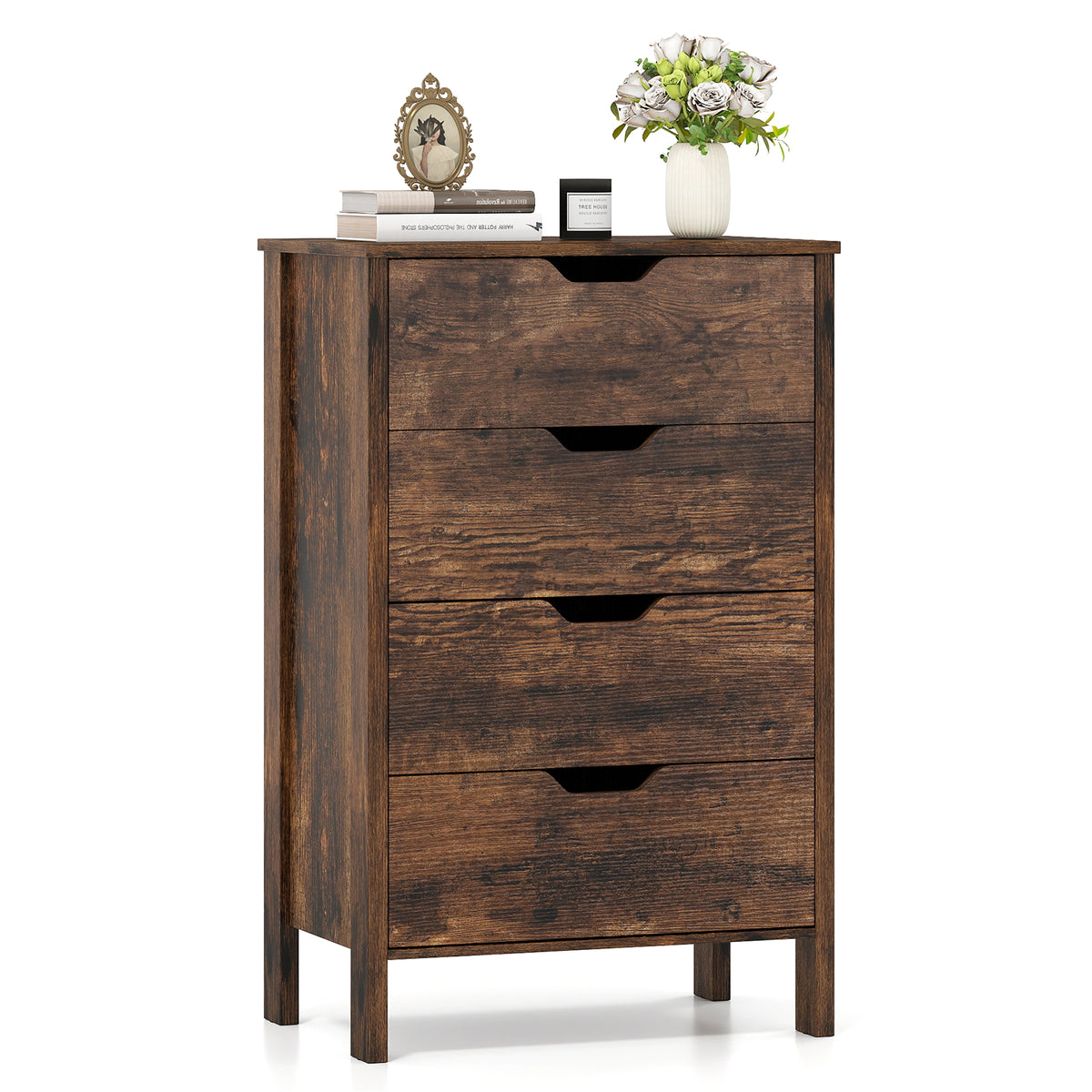 4-Drawer Wooden Tall Utility Storage Dresser with Anti-Toppling Kits for Bedroom-Rustic Brown