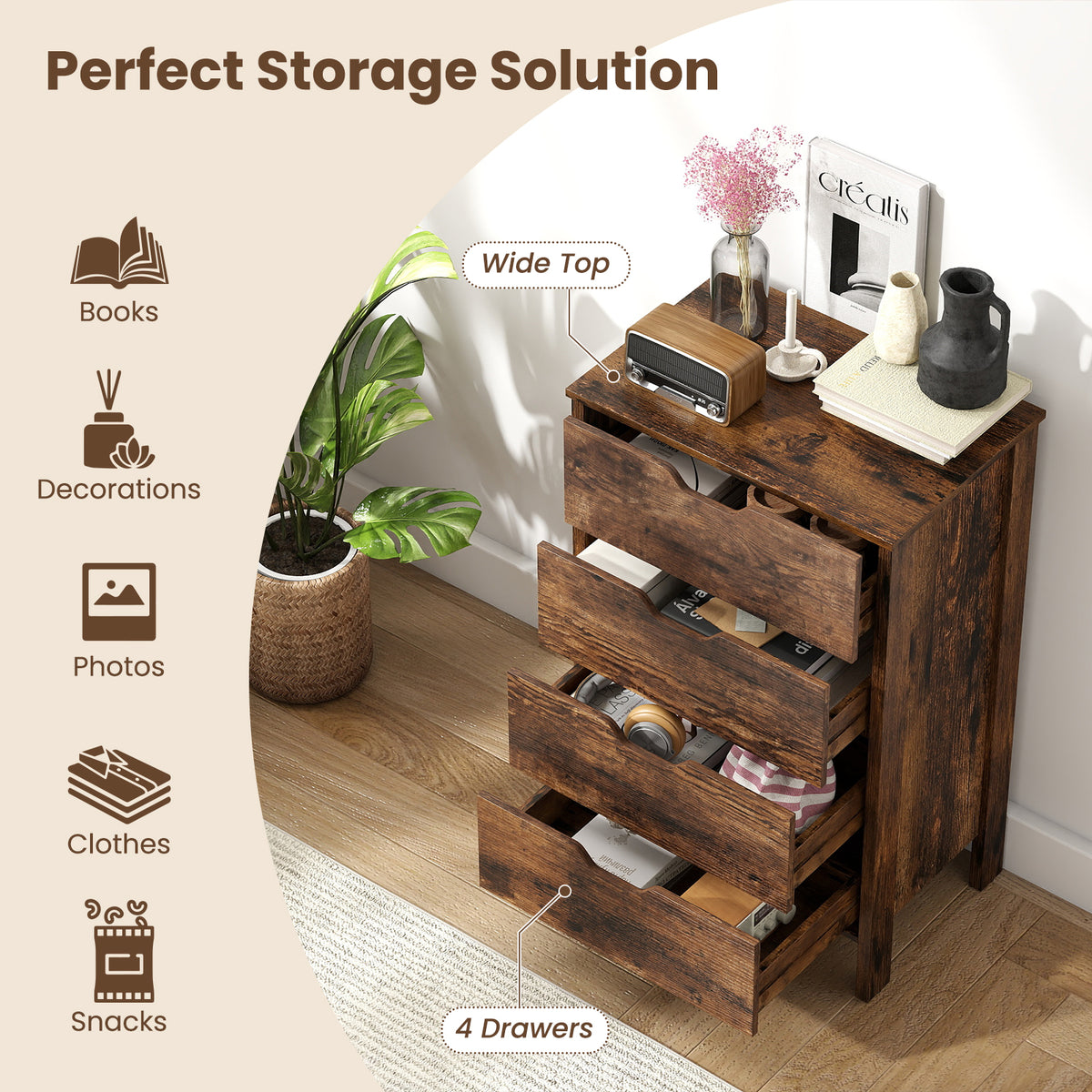 4-Drawer Wooden Tall Utility Storage Dresser with Anti-Toppling Kits for Bedroom-Rustic Brown
