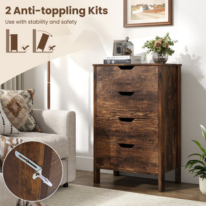 4-Drawer Wooden Tall Utility Storage Dresser with Anti-Toppling Kits for Bedroom-Rustic Brown