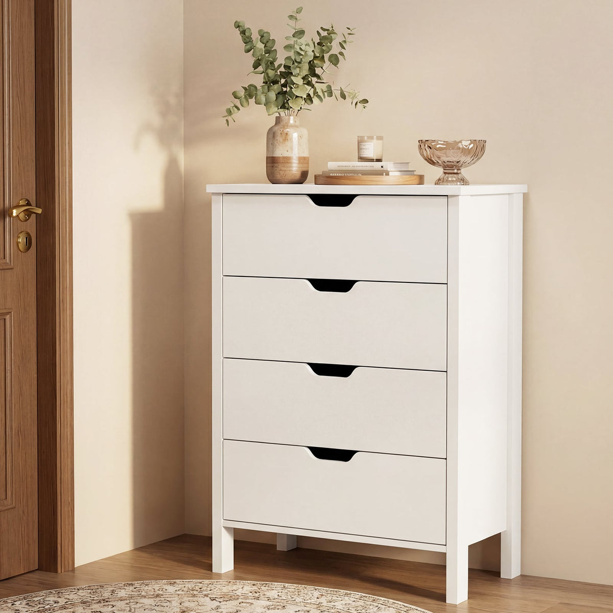 4-Drawer Wooden Tall Utility Storage Dresser with Anti-Toppling Kits for Bedroom-White