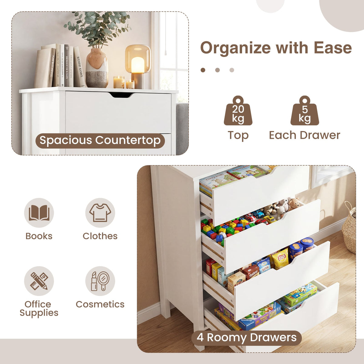 4-Drawer Wooden Tall Utility Storage Dresser with Anti-Toppling Kits for Bedroom-White