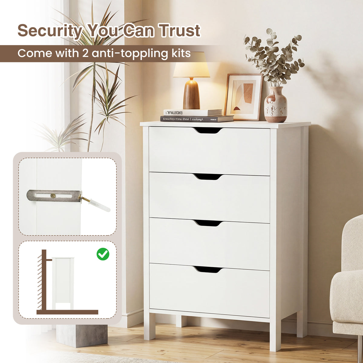 4-Drawer Wooden Tall Utility Storage Dresser with Anti-Toppling Kits for Bedroom-White