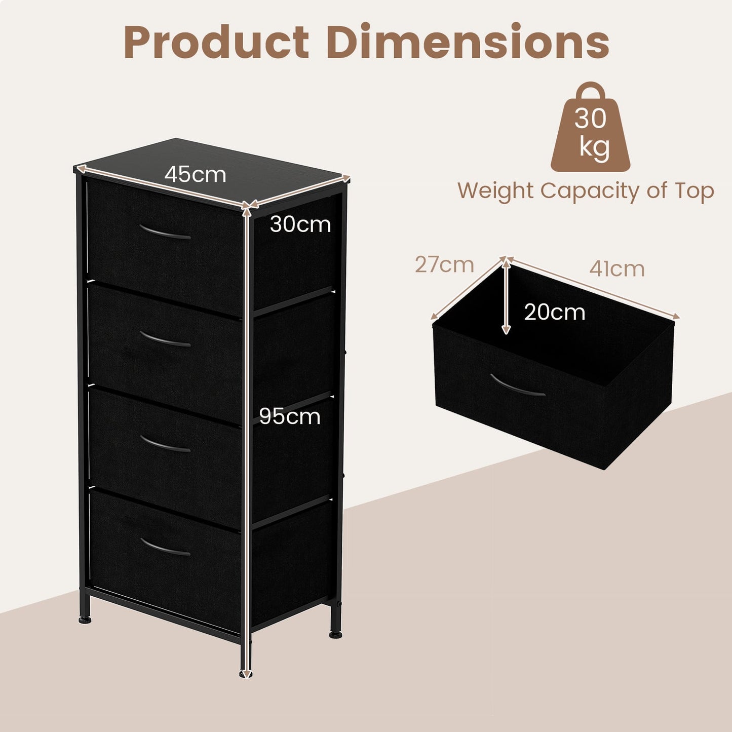 4 Drawers Dresser Fabric Storage Tower with Wooden Top for Entryway Living Room and Closet-Black