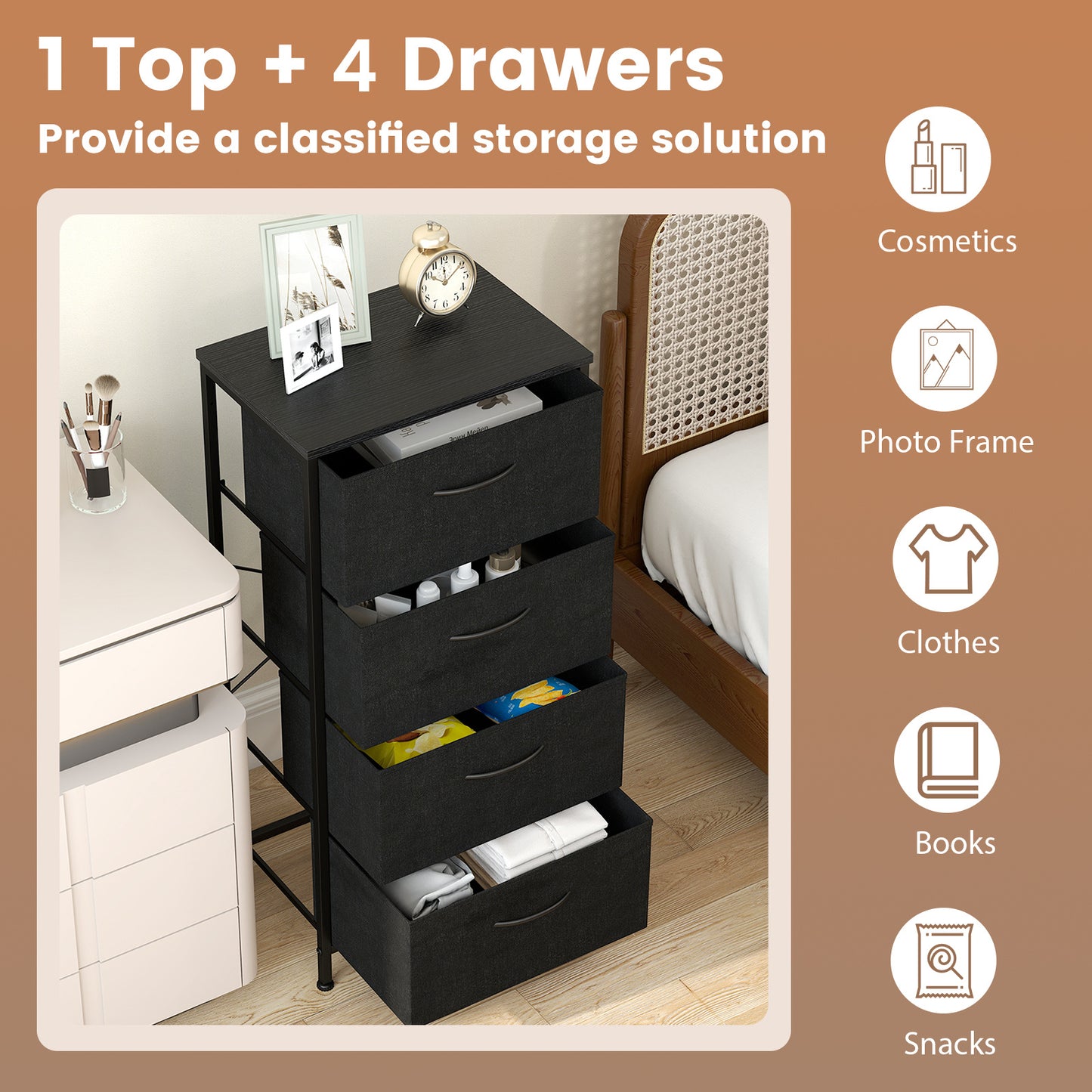 4 Drawers Dresser Fabric Storage Tower with Wooden Top for Entryway Living Room and Closet-Black