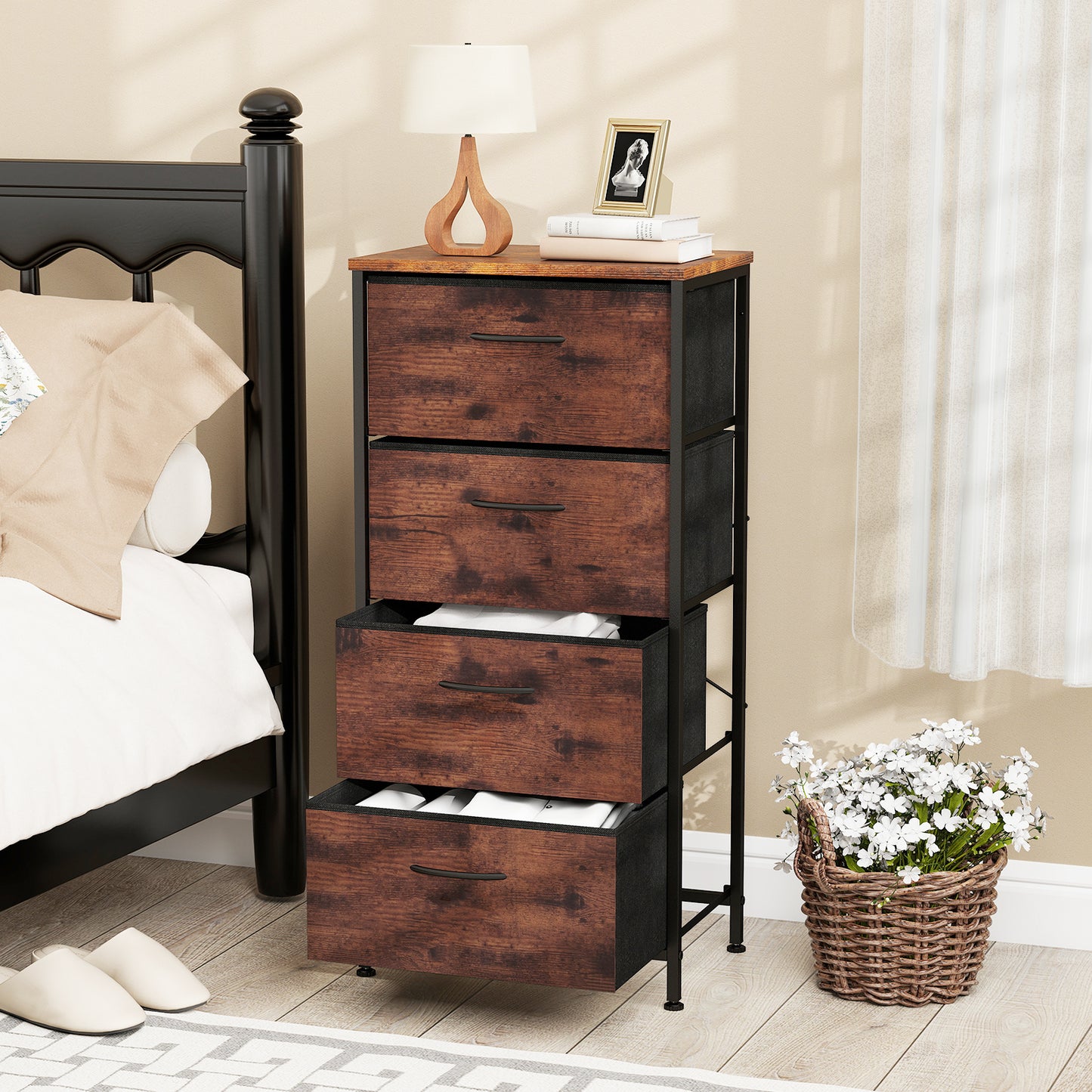 4 Drawers Dresser Fabric Storage Tower with Wooden Top for Entryway Living Room and Closet-Brown