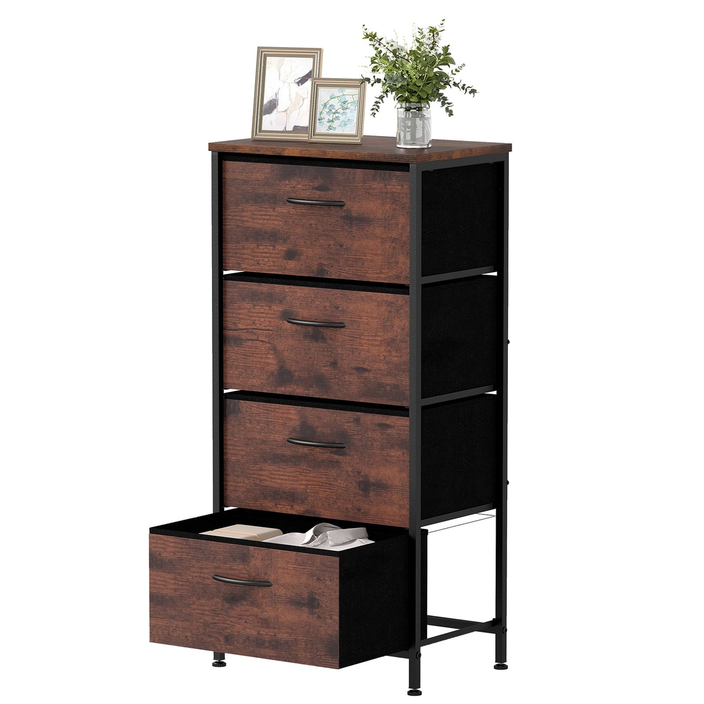 4 Drawers Dresser Fabric Storage Tower with Wooden Top for Entryway Living Room and Closet-Brown