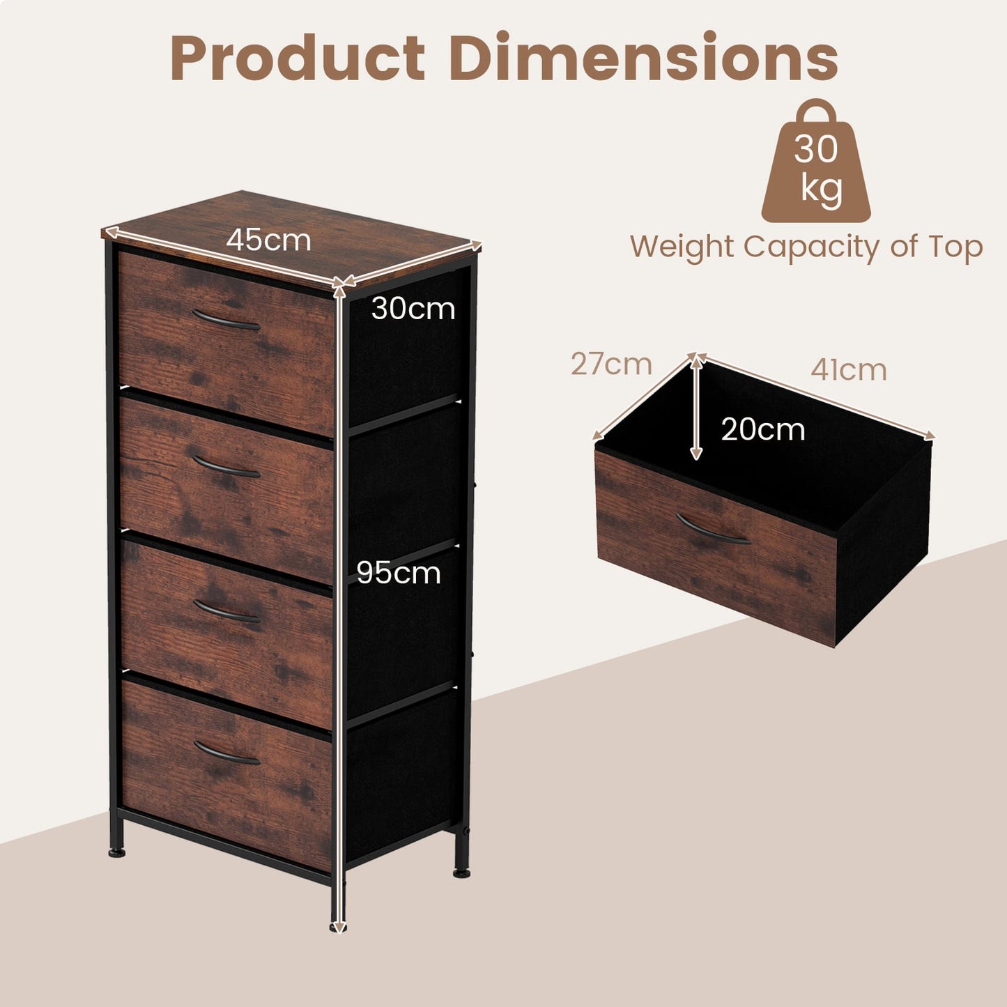 4 Drawers Dresser Fabric Storage Tower with Wooden Top for Entryway Living Room and Closet-Brown