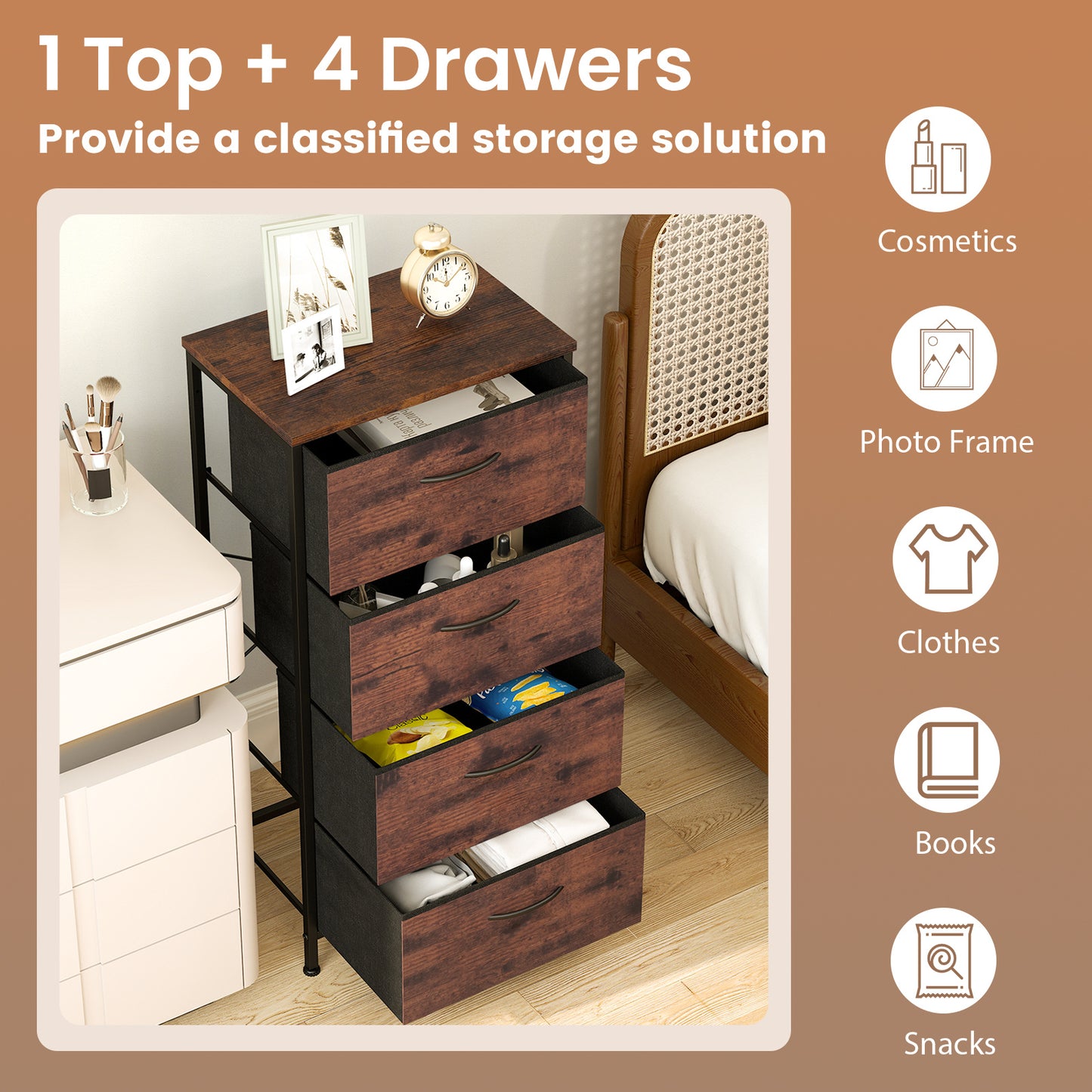 4 Drawers Dresser Fabric Storage Tower with Wooden Top for Entryway Living Room and Closet-Brown