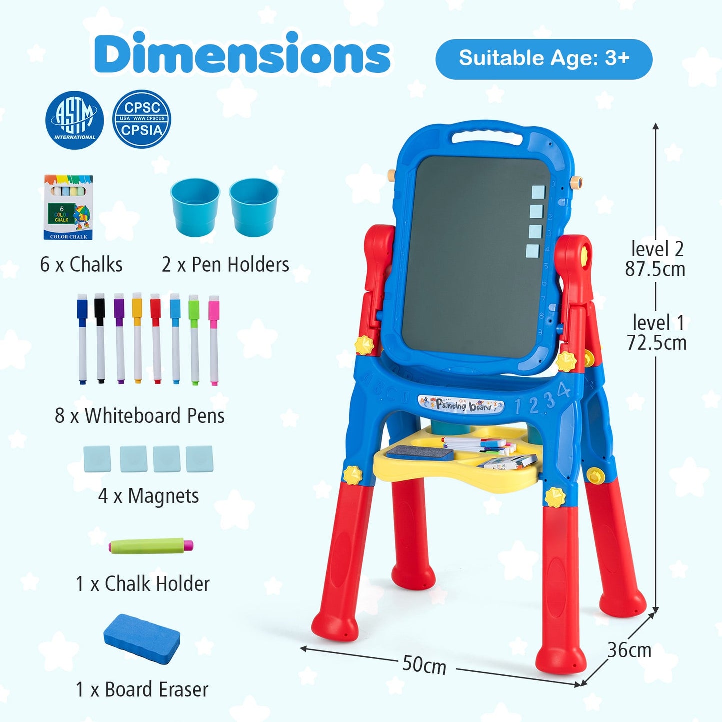 4-In-1 Double Side Easel for Toddler with Magnetic Chalkboard-Blue