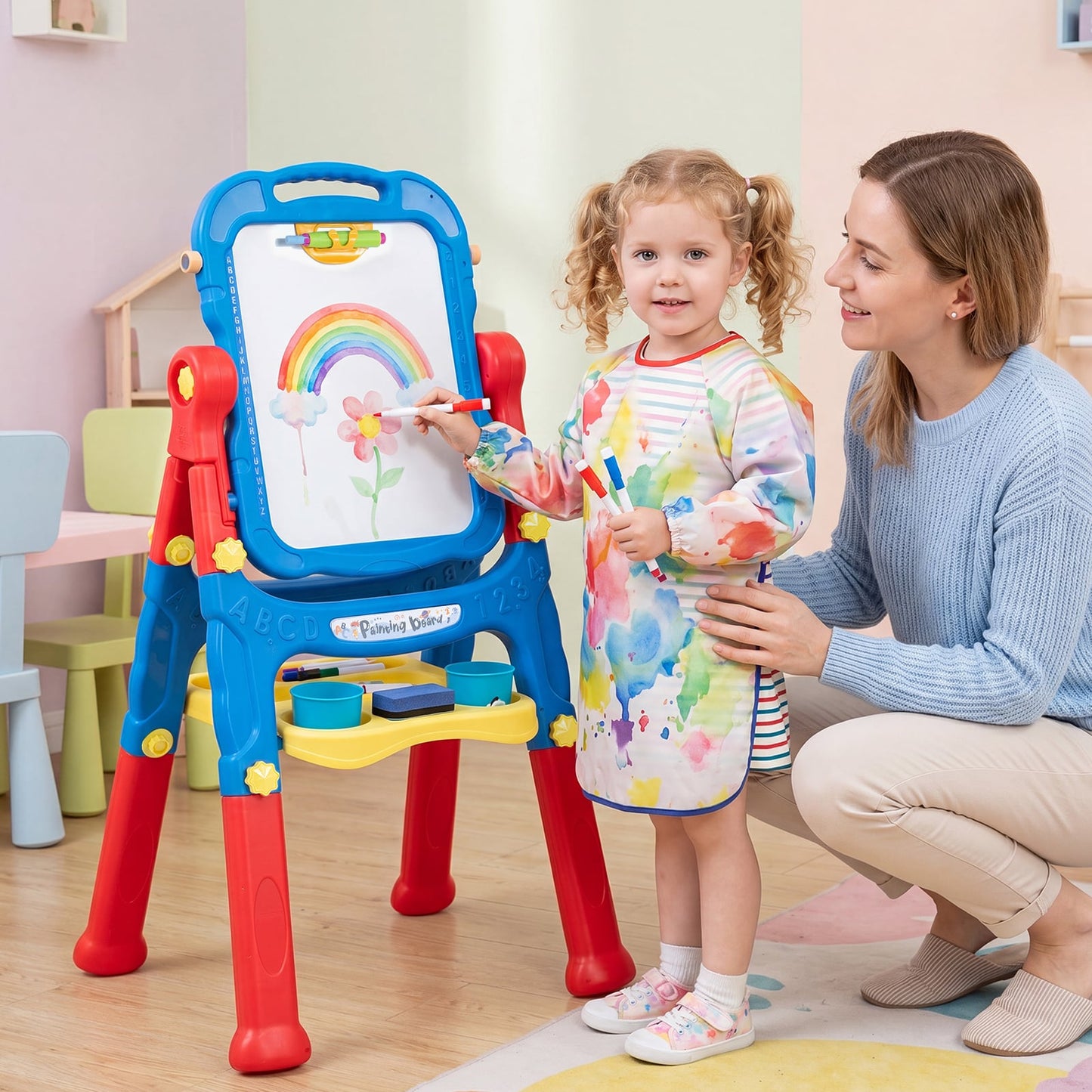 4-In-1 Double Side Easel for Toddler with Magnetic Chalkboard-Blue
