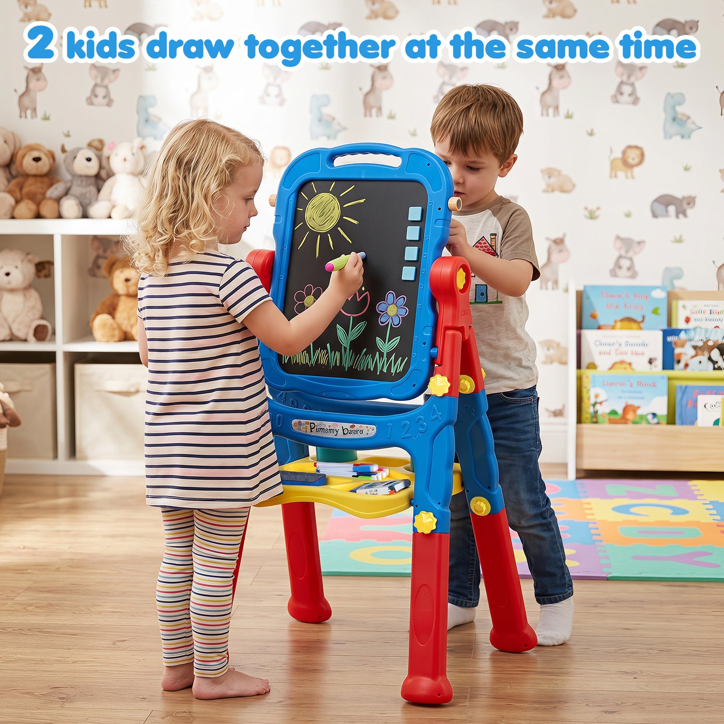 4-In-1 Double Side Easel for Toddler with Magnetic Chalkboard-Blue