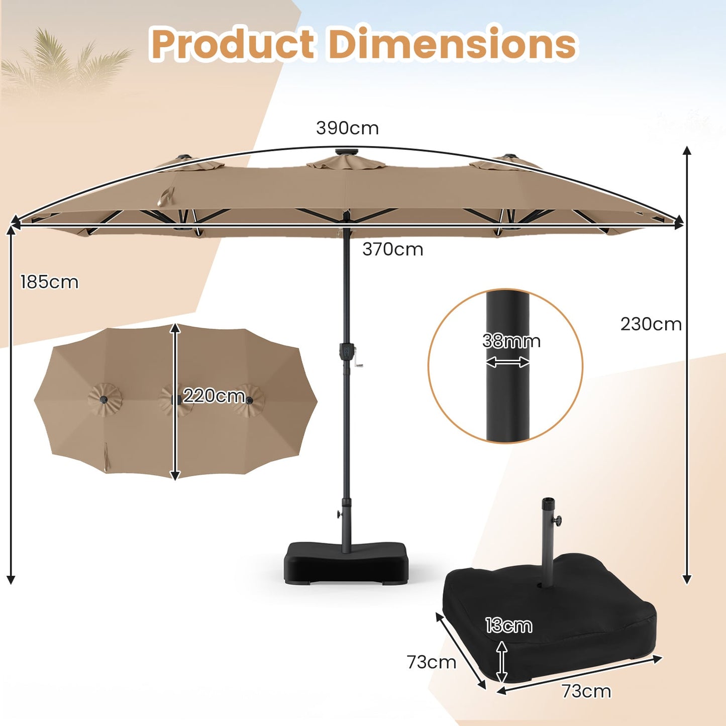 4 M Double-Sided Patio Umbrella Base Included with 108 Multi-Color LED Lights and 3 Air Vents-Coffee