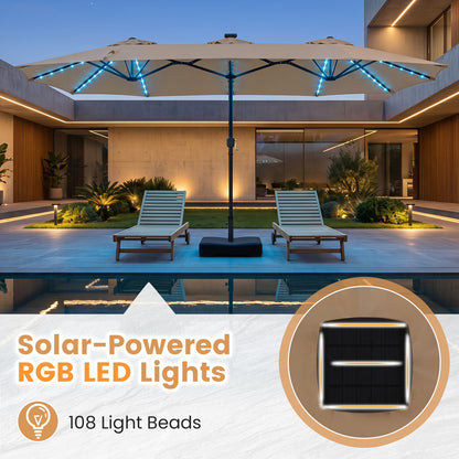 4 M Double-Sided Patio Umbrella Base Included with 108 Multi-Color LED Lights and 3 Air Vents-Coffee