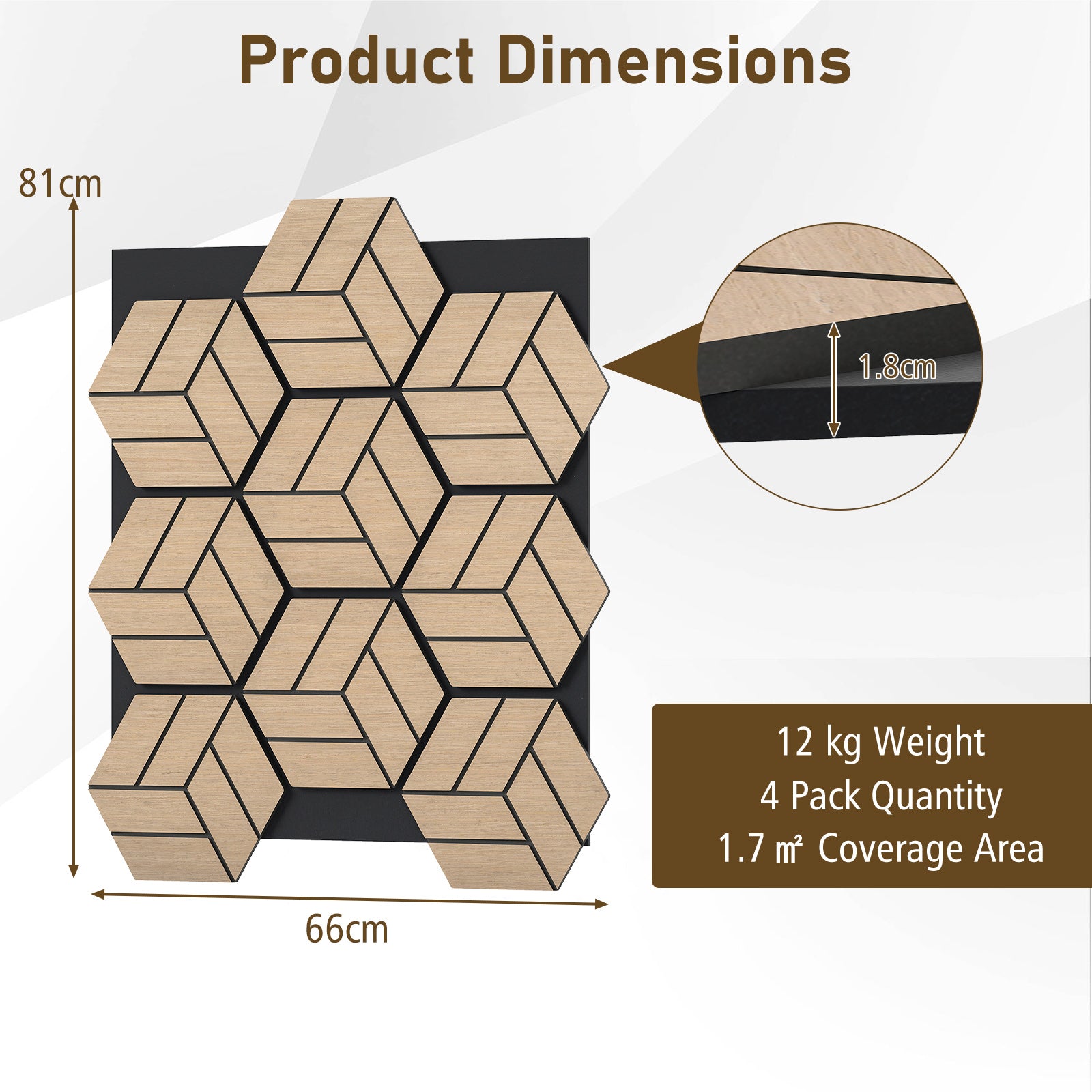 4 Pack Acoustic Panels for Walls Sound Absorbing Panel with 9 Hexagonal Wooden Boards-Natural