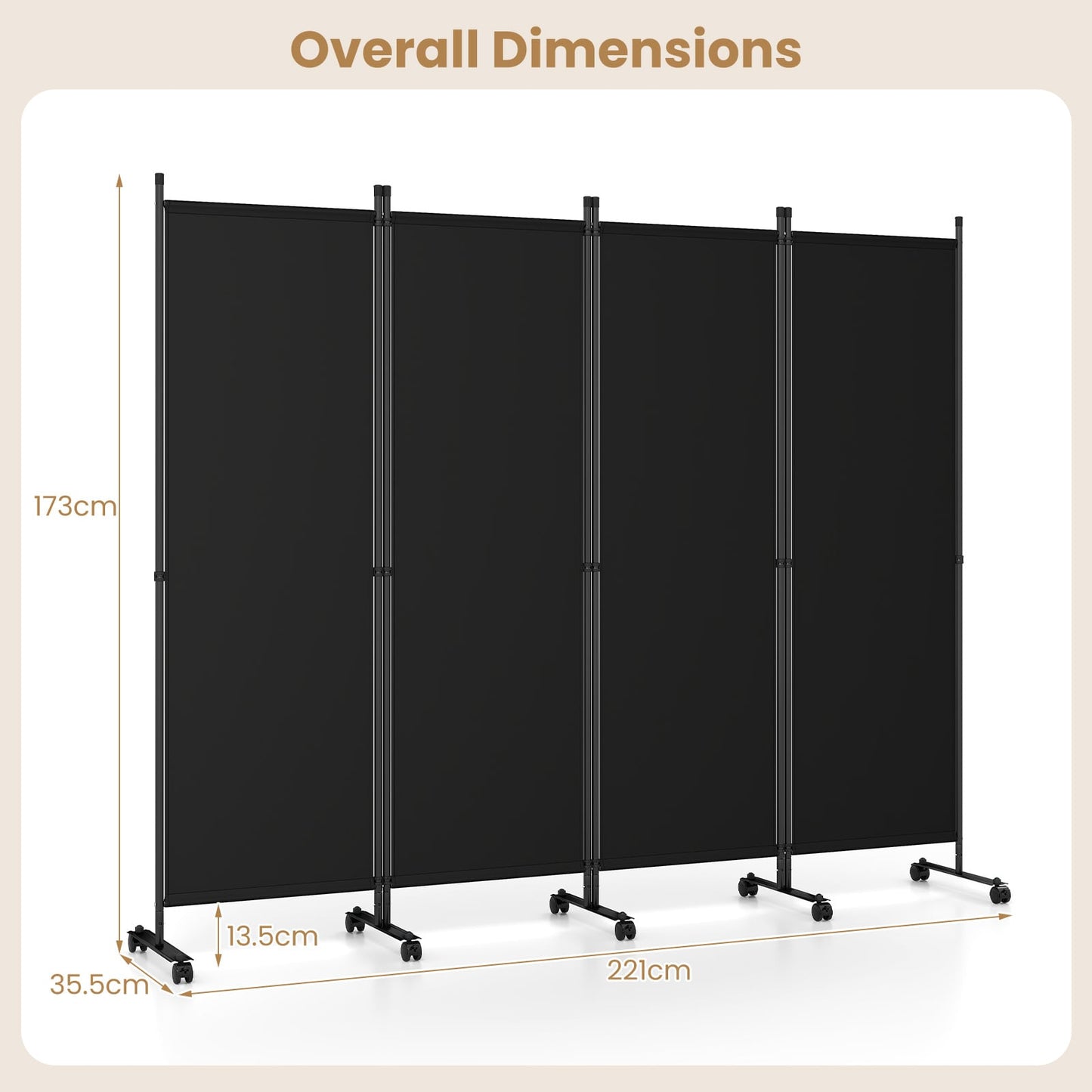4-Panel Room Divider 173 CM Tall Folding Privacy Screen-Black