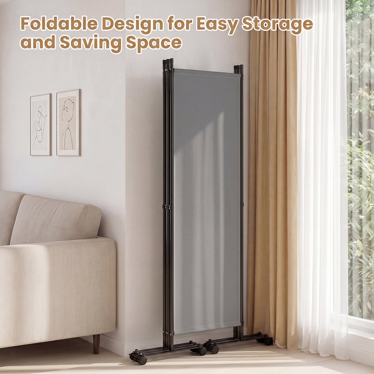 4-Panel Room Divider 173 CM Tall Folding Privacy Screen-Grey