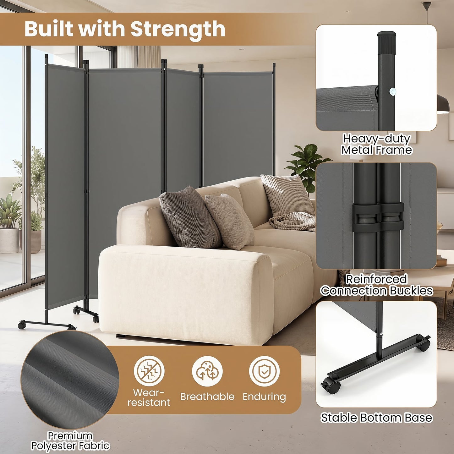 4-Panel Room Divider 173 CM Tall Folding Privacy Screen-Grey