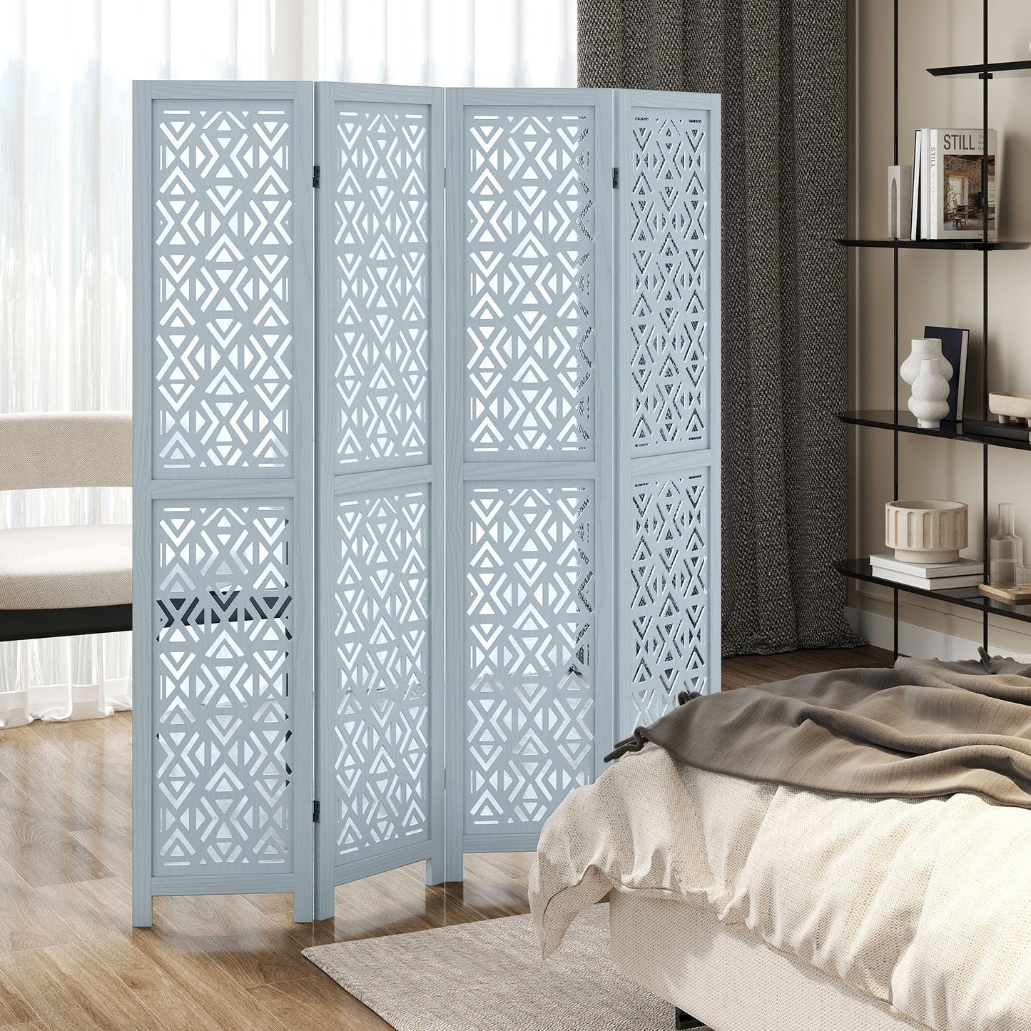 165cm 4-Panel Wooden Room Divider with Carved Cutout Pattern and Solid Wood Frame-4-Panel