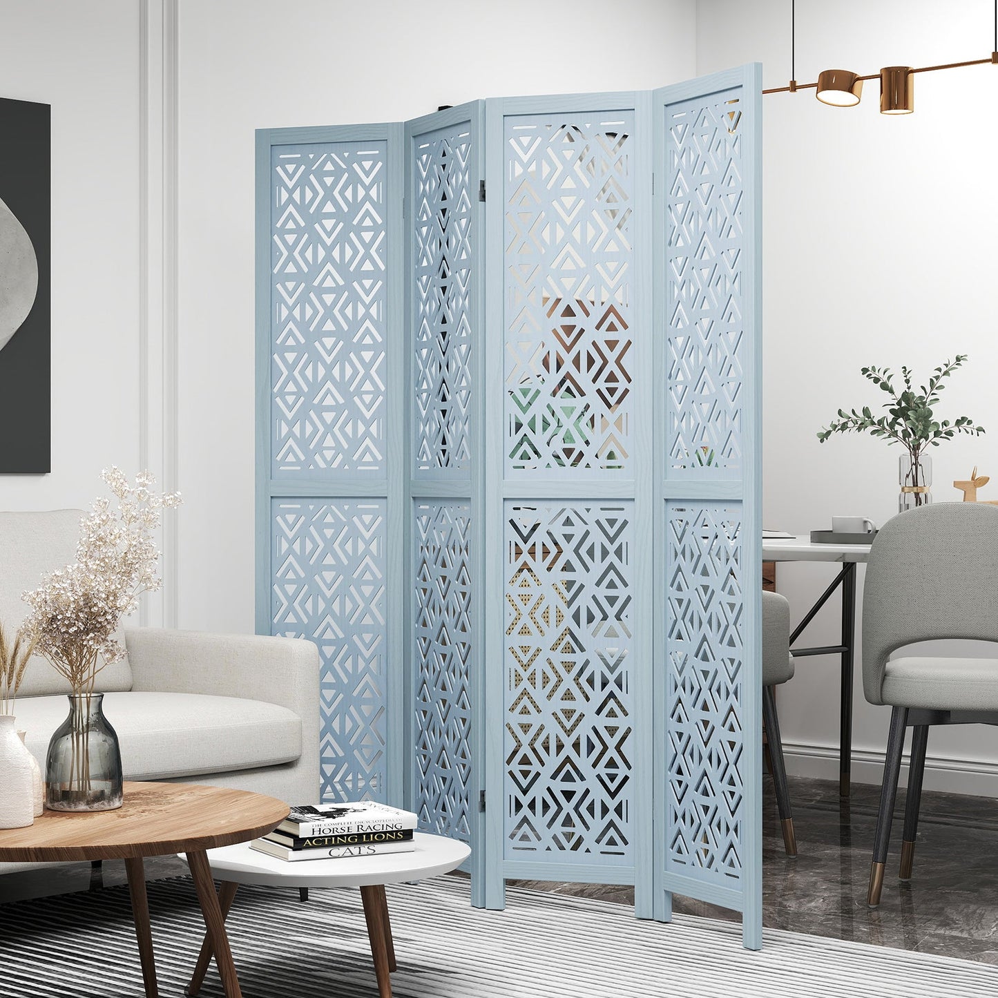 165cm 4-Panel Wooden Room Divider with Carved Cutout Pattern and Solid Wood Frame-4-Panel