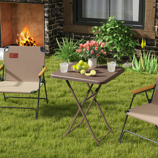 4-Person Rattan Textured Folding Picnic Table Square Patio Dining Table-Rustic Brown