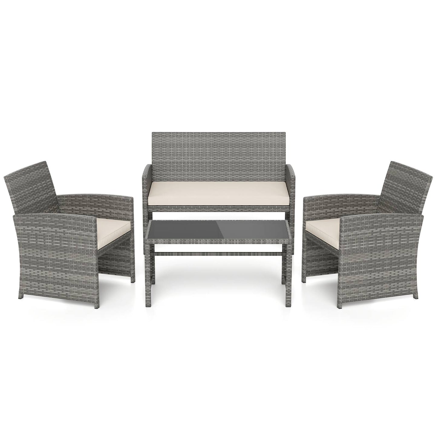 4 Piece Patio Conversation Set Rattan Chair Loveseat and Table Set with Seat Cushions-White