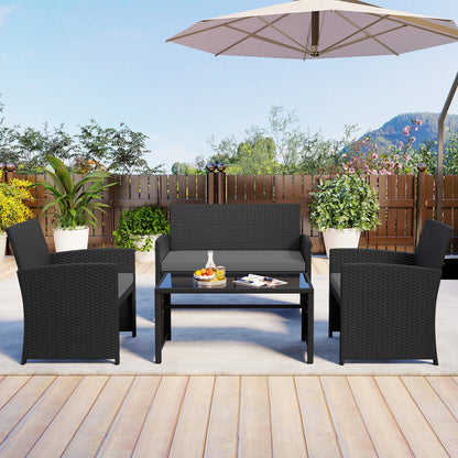 4 Piece Patio Rattan Conversation Set Wicker Loveseat Armchairs-Grey