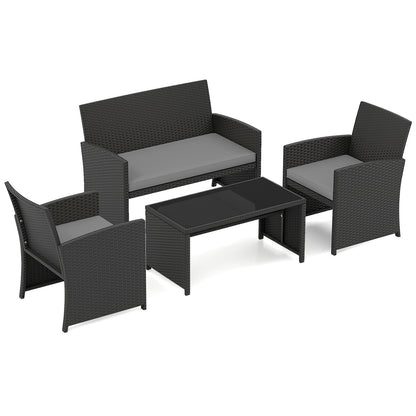 4 Piece Patio Rattan Conversation Set Wicker Loveseat Armchairs-Grey