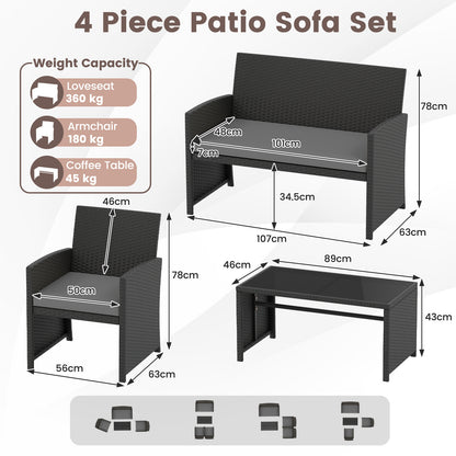 4 Piece Patio Rattan Conversation Set Wicker Loveseat Armchairs-Grey