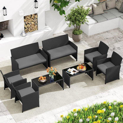 4 Piece Patio Rattan Conversation Set Wicker Loveseat Armchairs-Grey