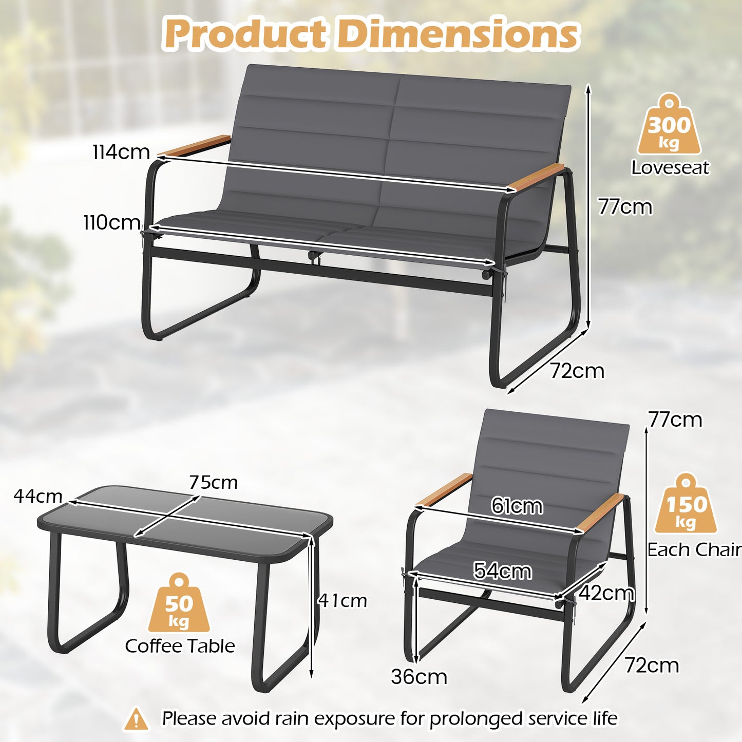4 Pieces Outdoor Furniture Set with Cushions and Tempered Glass Table-Grey