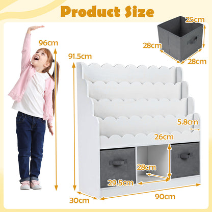 4-Tier Kids Bookshelf and Toy Storage with 2 Foldable Fabric Drawers-White