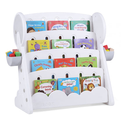 4-Tier Kids Bookshelf with Side Storage Boxes and Reversible Bottom Shelf-Gray & White