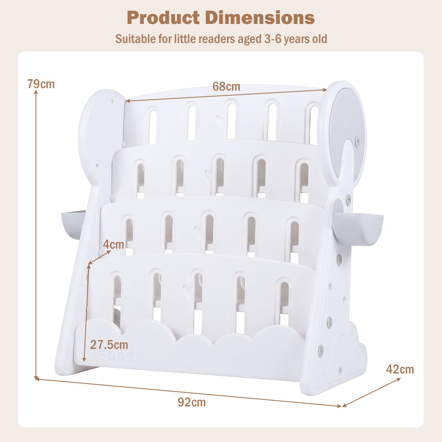 4-Tier Kids Bookshelf with Side Storage Boxes and Reversible Bottom Shelf-Gray & White