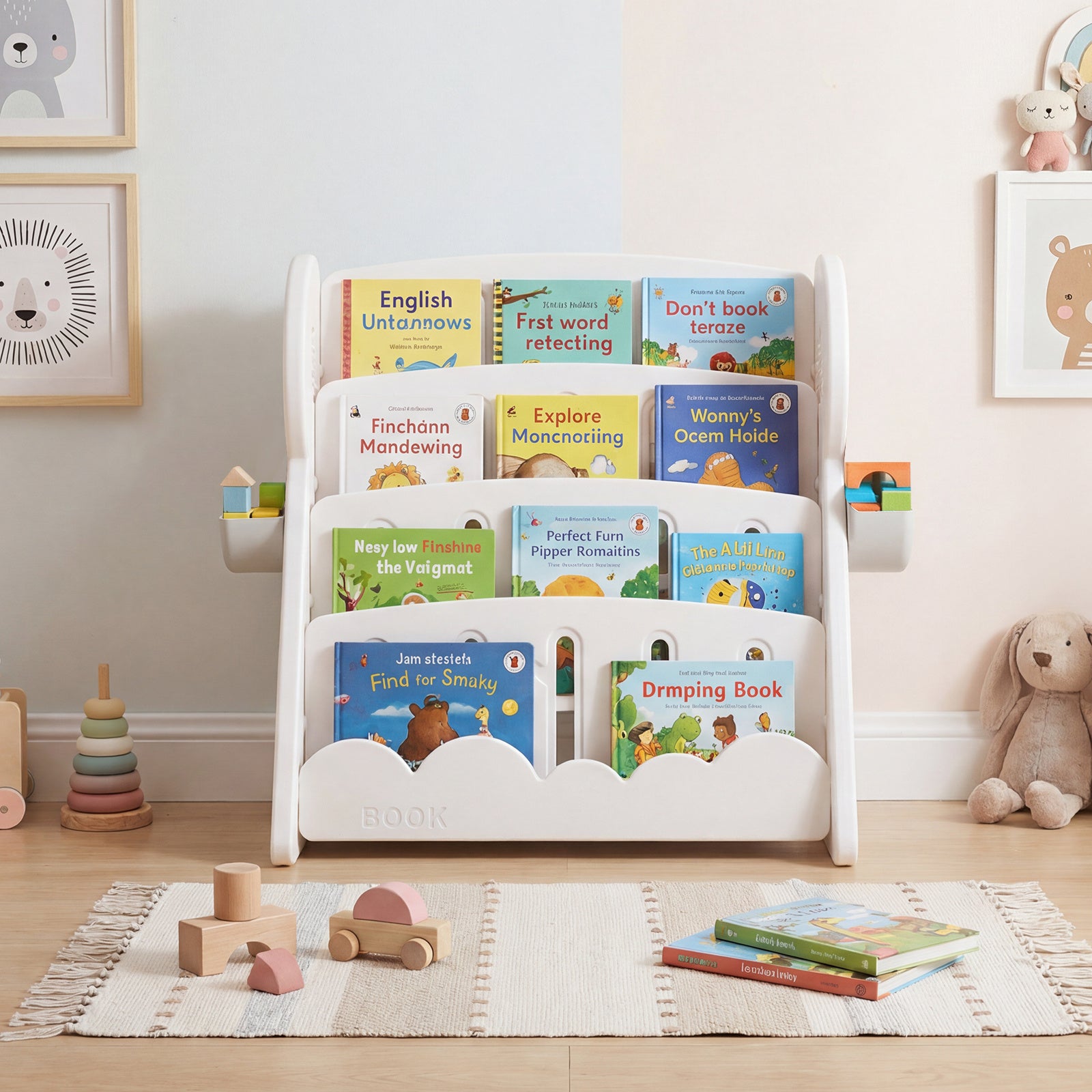 4-Tier Kids Bookshelf with Side Storage Boxes and Reversible Bottom Shelf-Gray & White