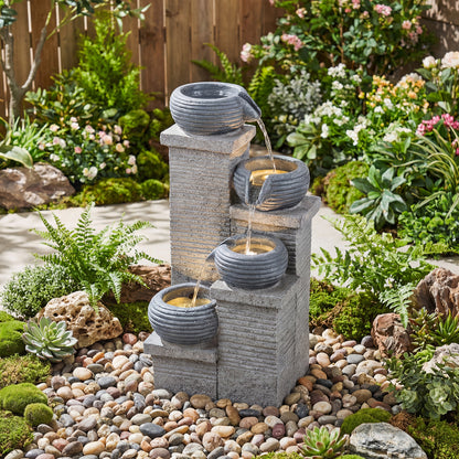 4-Tier Outdoor Water Fountain Cascading Bowl Waterfall Fountain with LED Lights and Pump