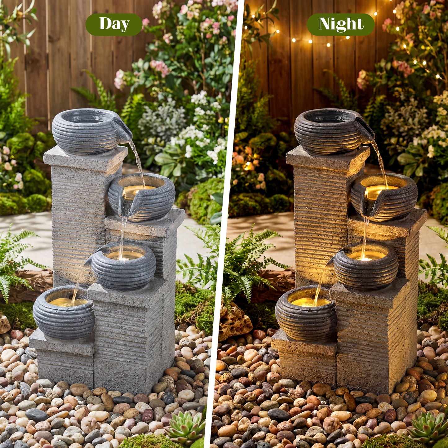4-Tier Outdoor Water Fountain Cascading Bowl Waterfall Fountain with LED Lights and Pump