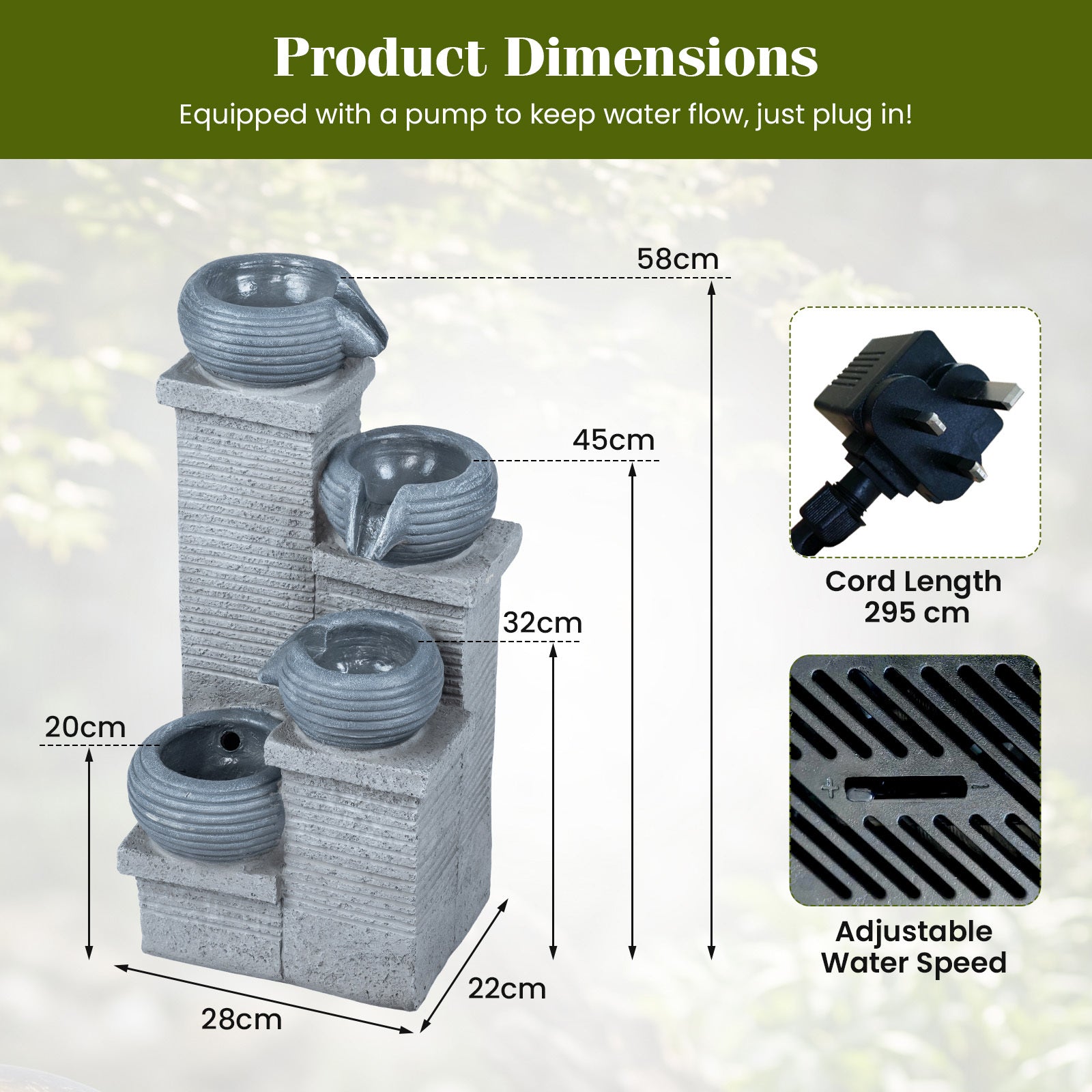 4-Tier Outdoor Water Fountain Cascading Bowl Waterfall Fountain with LED Lights and Pump