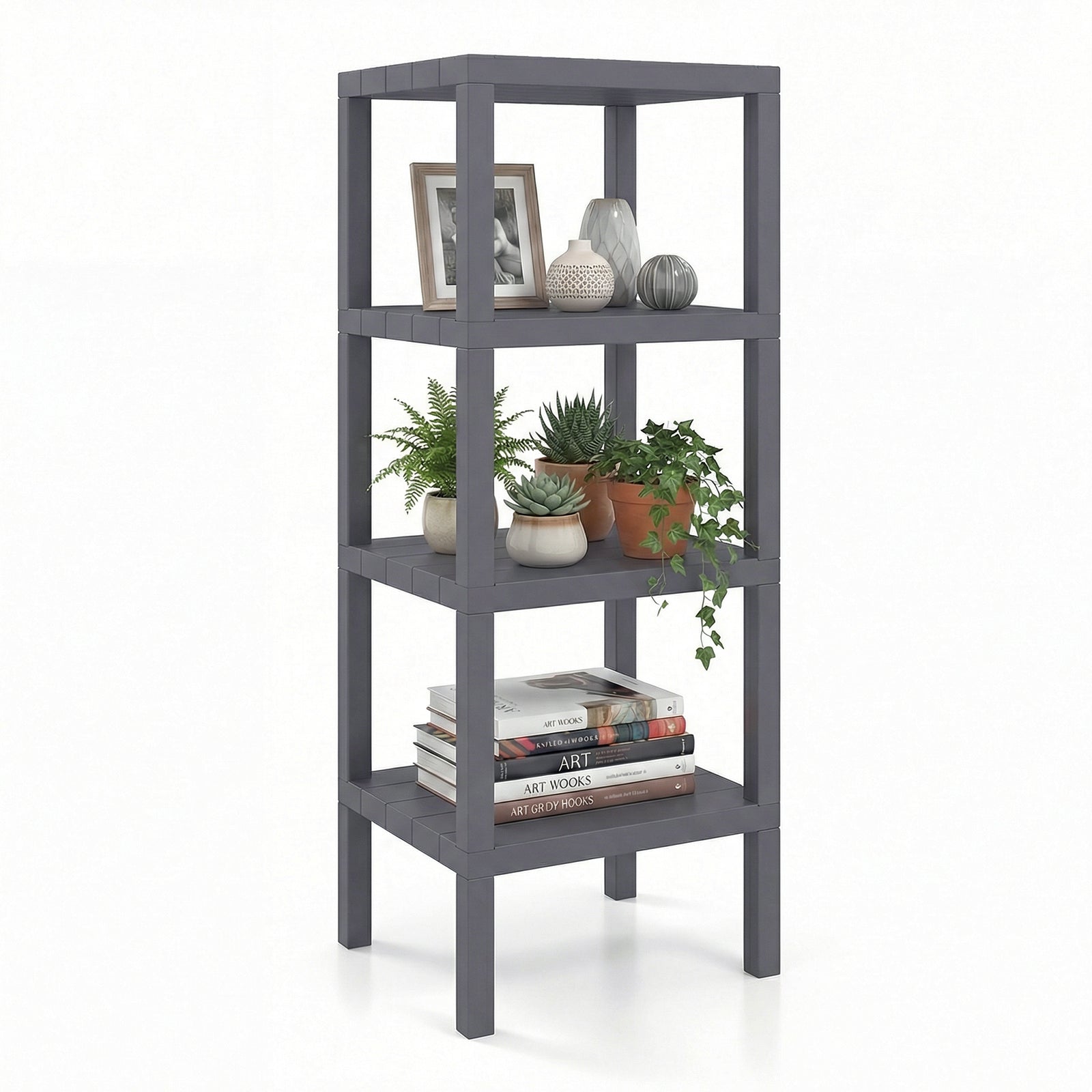 4-Tier Plastic Storage Shelf Freestanding Utility Rack-Grey