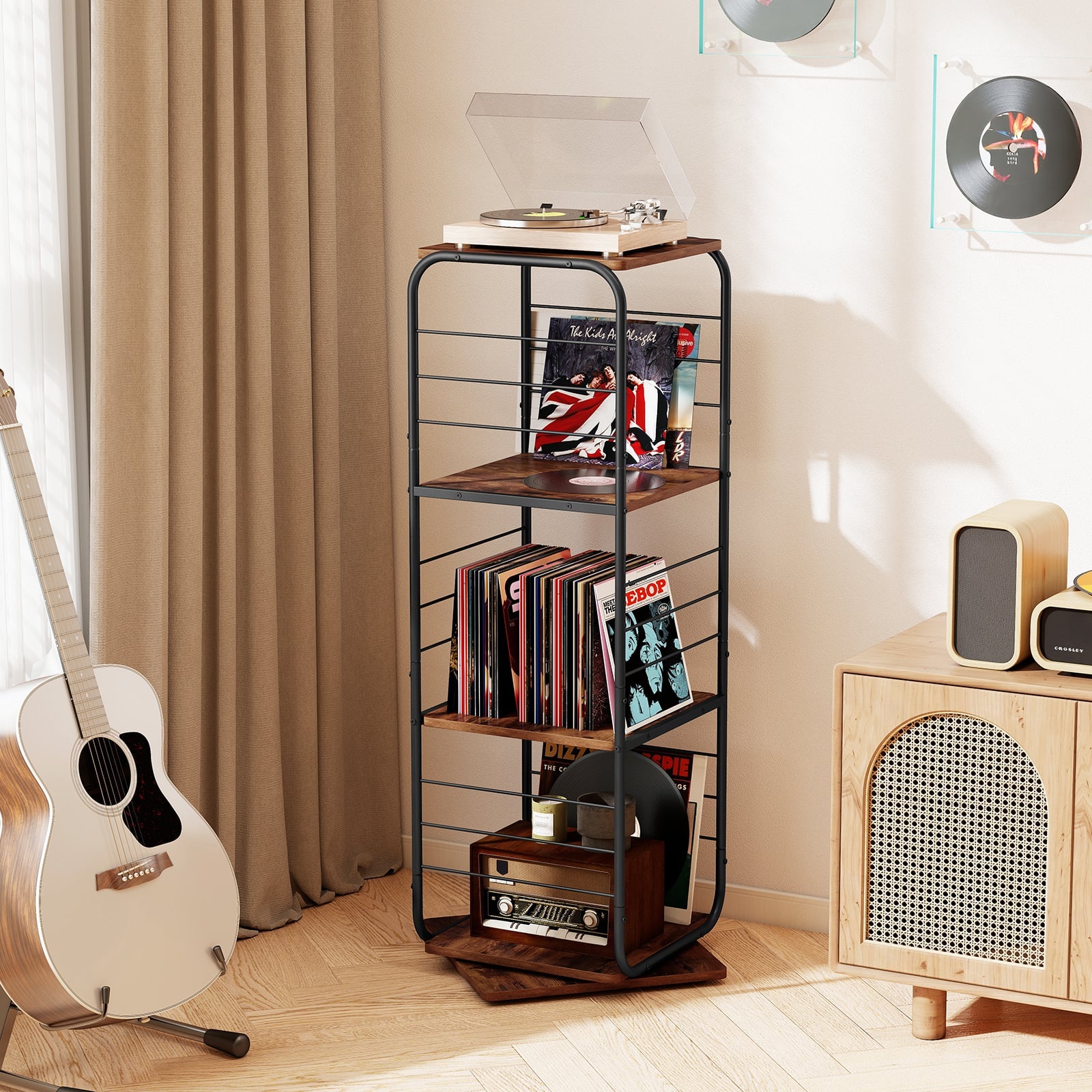 4-Tier Rotating Bookshelf 360° Spinning Bookcase Tower-Rustic Brown