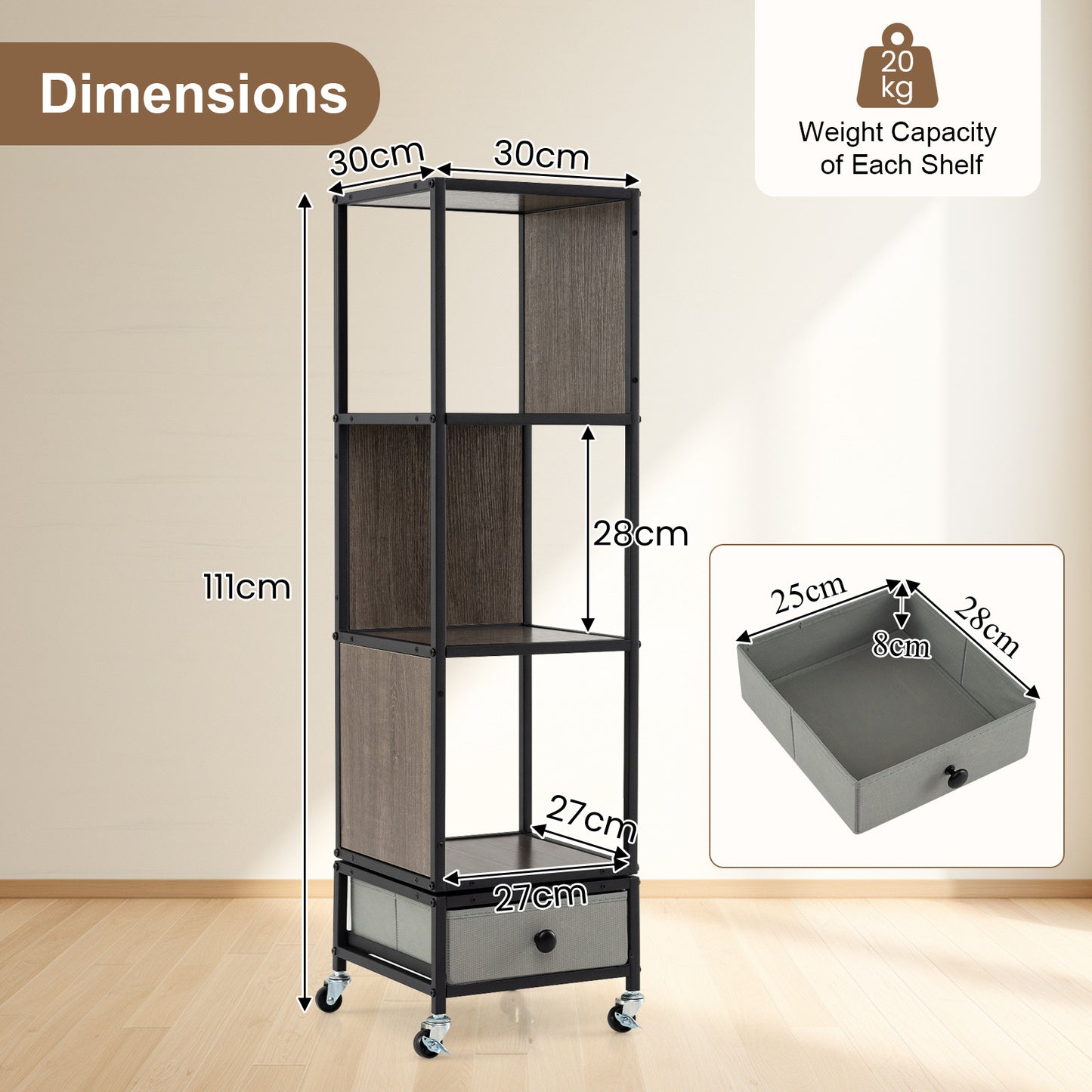 4-Tier Rotating Bookshelf on Wheels for Living Room Office-Grey