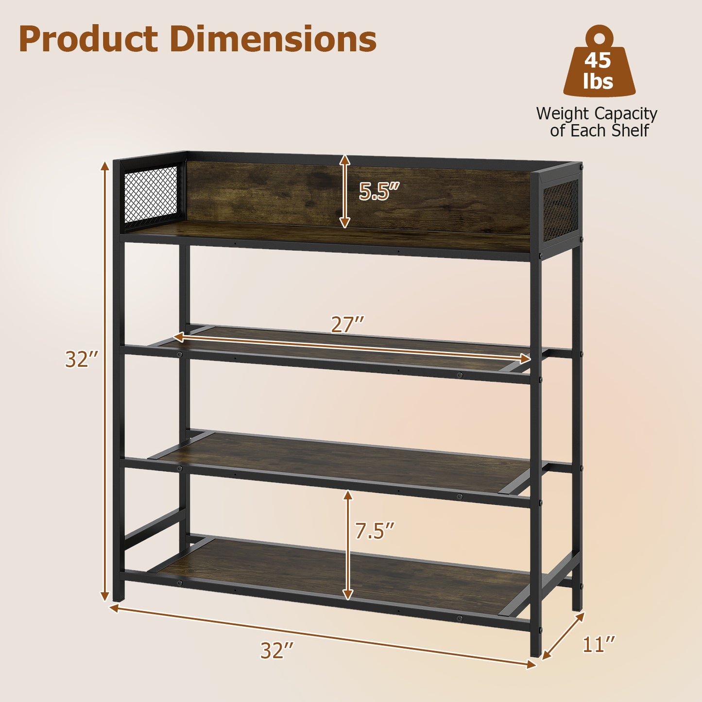 4-Tier Shoe Rack Industrial Shoe Organizer with Heavy Duty Metal Frame-Brown