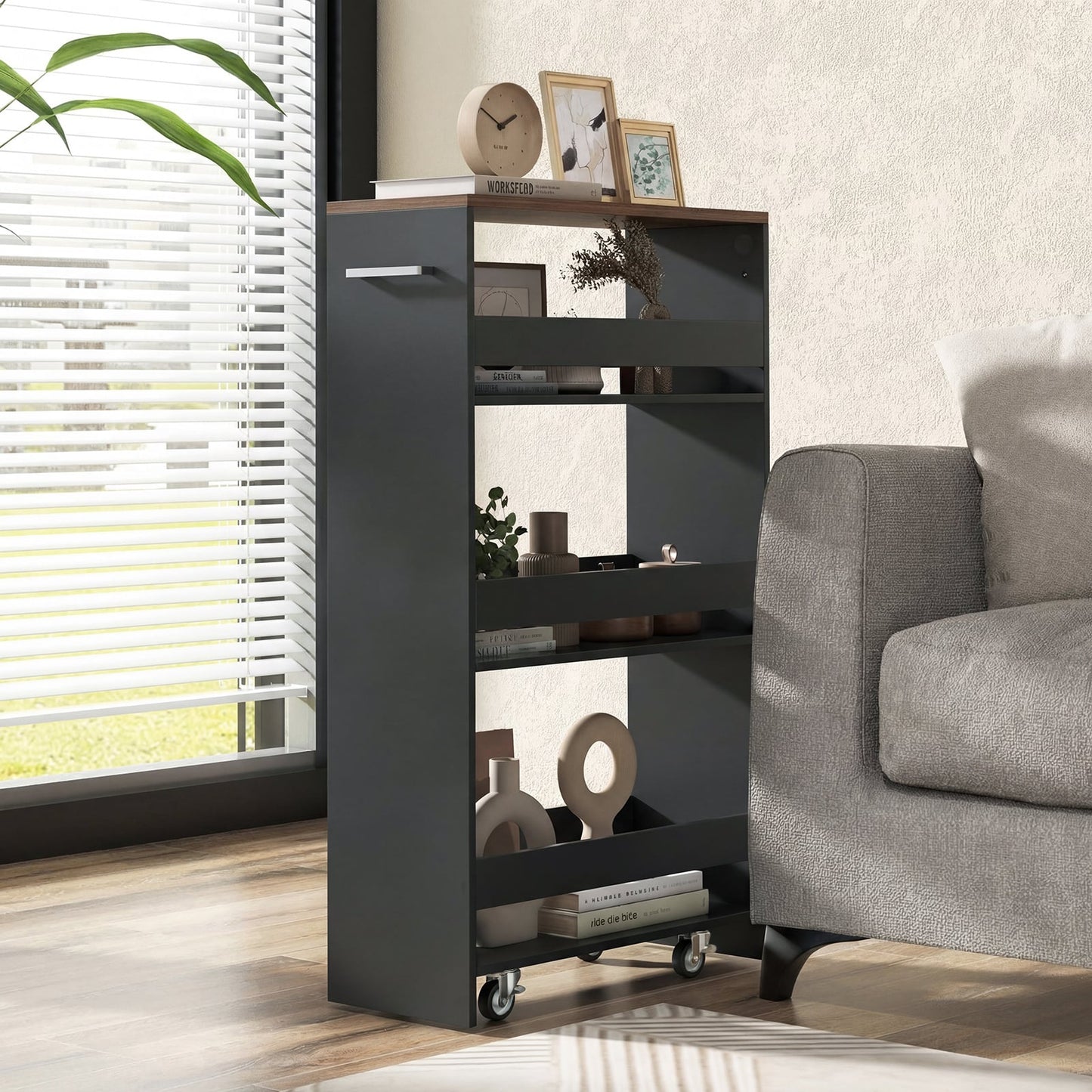 4-Tier Slim Storage Cart with Open Shelves for Kitchen-Black