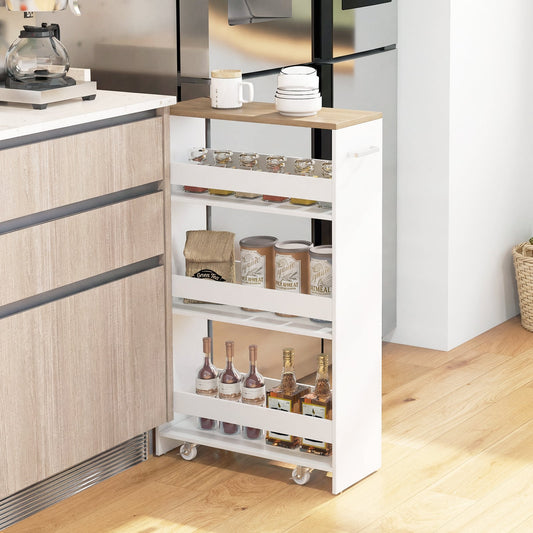 4-Tier Slim Storage Cart with Open Shelves for Kitchen-White and Natural