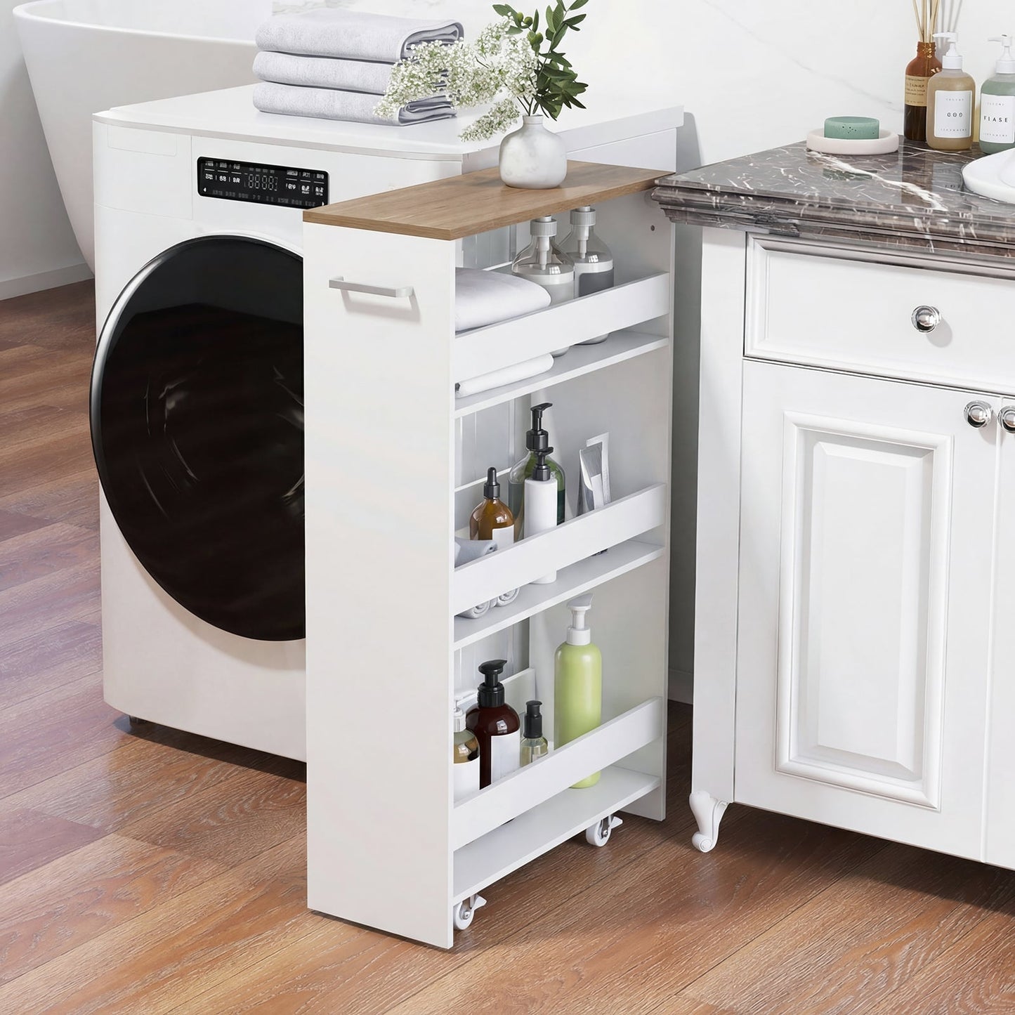 4-Tier Slim Storage Cart with Open Shelves for Kitchen-White and Natural