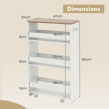 4-Tier Slim Storage Cart with Open Shelves for Kitchen-White and Natural