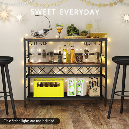 41 Inch 4-Tier Bar Table with Wine Rack and 4 Rows of Glass Holders-Rustic Brown