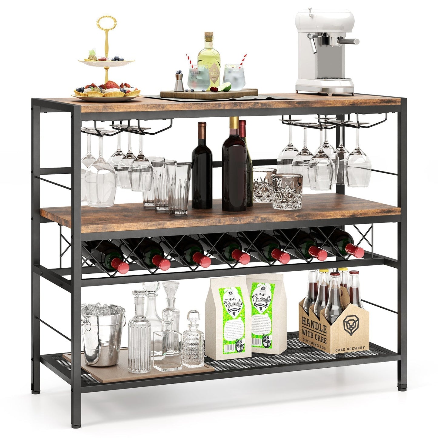 41 Inch 4-Tier Bar Table with Wine Rack and 4 Rows of Glass Holders-Rustic Brown