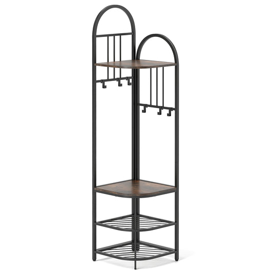 4 Tier Corner Coat Rack with Shoe Storage 180cm High Shoe Shelf Rustic Brown