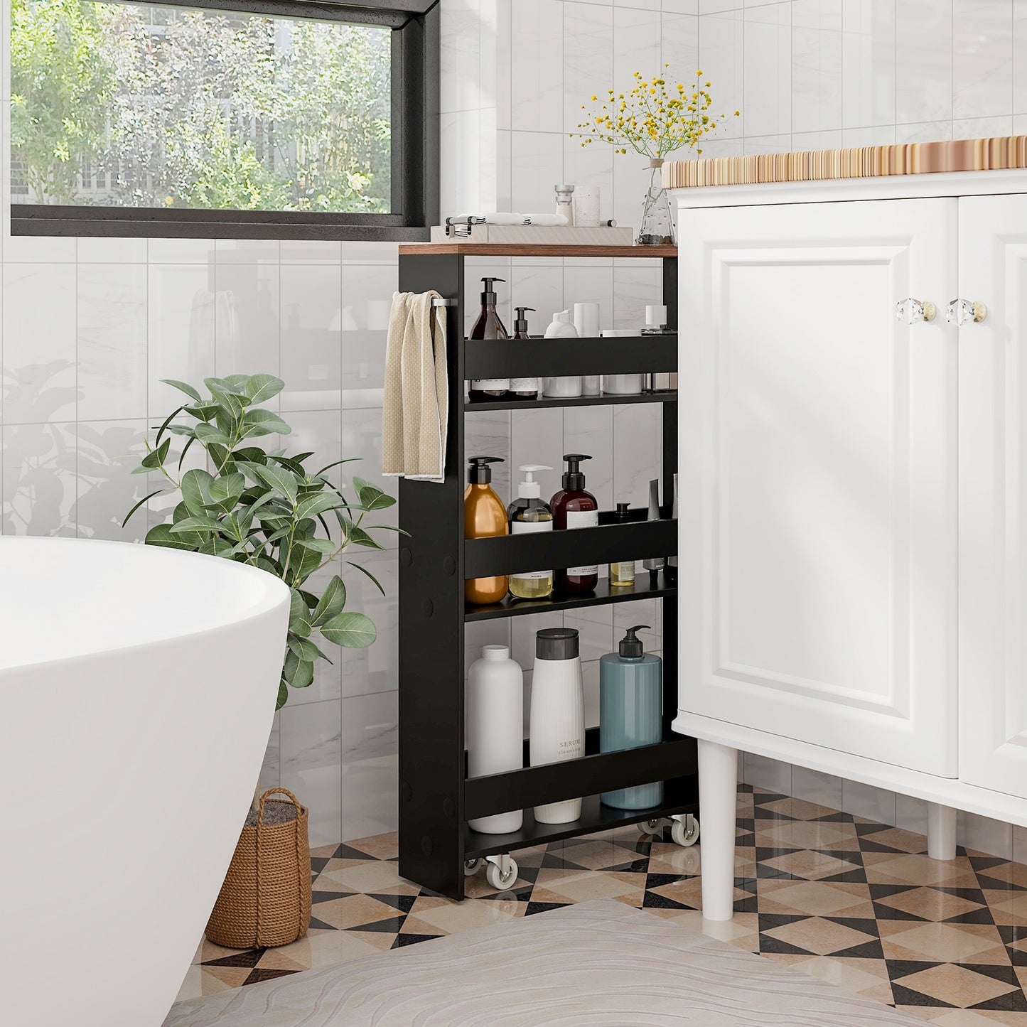 4-Tier Slim Storage Cart with Open Shelves and Wheels-Brown